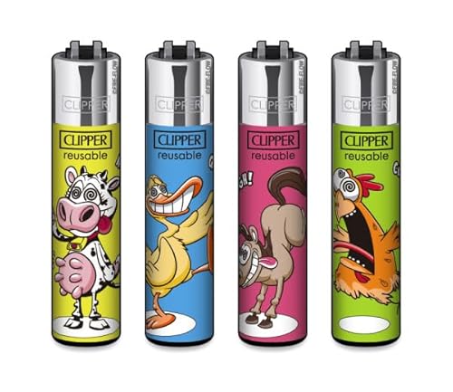 Clipper® Feuerzeuge im Multipack - 4er Set mit coolem Look - Nachhaltig NEU - INKL Gratis Crystal Deko Balls (Crazy Farm #1) von DHOBIA