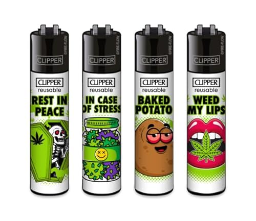 Clipper® Feuerzeuge im Multipack - 4er Set mit coolem Look - Nachhaltig NEU - INKL Gratis Crystal Deko Balls (Weed Slogan #12) von DHOBIA