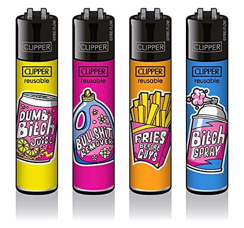 Clipper Feuerzeuge Classic Large - 4er Set + 1x Clipper Dhobia Feuerzeug Gratis (Girly Slogan, Kunststoff) LMC167 von DHOBIA