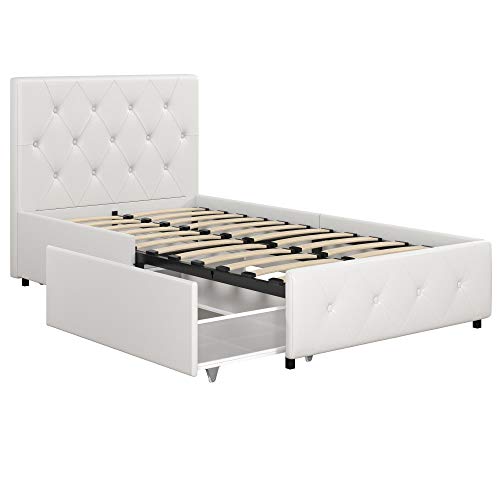 DHP Dakota Upholstered Platform Bed with Underbed Storage Drawers Bett, Wood, White Faux Leather, Twin von DHP