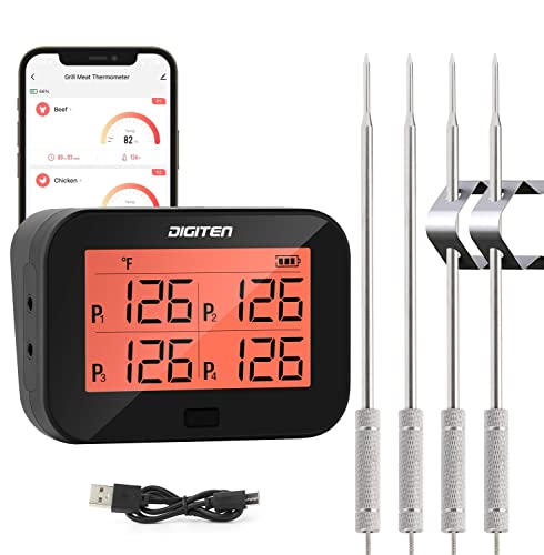 DIGITEN Bluetooth Grillthermometer Kabellos Fleischthermometer mit 4 Sonden BBQ Thermometer Smoker Thermometer Sofort Ablesen Thermometer Smart Wiederaufladbar Lebensmittelthermometer von DIGITEN