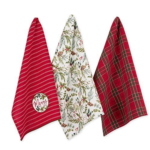 DII Vintage Weihnachten Geschirrtücher Dekoratives Urlaub Küche Geschirrtuch-Set, 45,7 x 71,1 cm, Merry Holly Floral, Plaid & Streifen, 3-teilig von DII