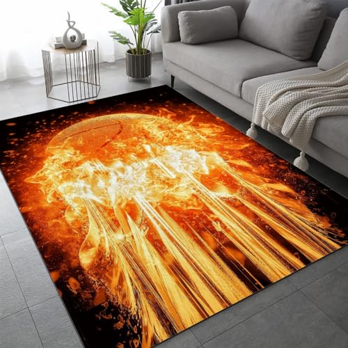 Basketball Feuer Teppich Schlafzimmer rutschfeste FußMatte Sport Kinderteppich Dekoration Carpets Teenager Kurzflor Flanell Teppiche Home Spielteppiche für Wohnzimmer 60x90 cm von DILANI