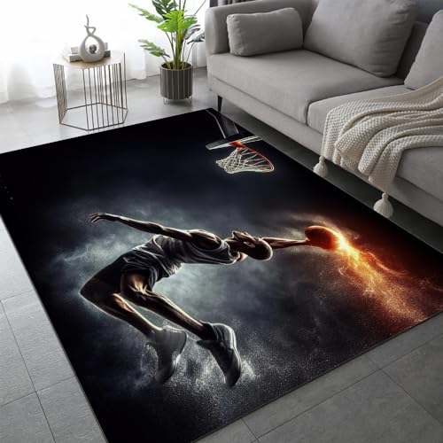 Basketball Teppich Schlafzimmer rutschfeste FußMatte Sport Slam Dunk Kinderteppich Dekoration Carpets Teenager Kurzflor Flanell Teppiche Home Spielteppiche für Wohnzimmer 60x90 cm von DILANI