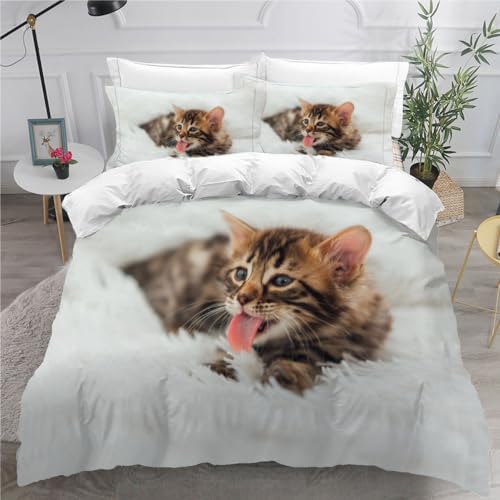 DILANI Bettwäsche 135x200 Kinder Katze 3D Bettwäsche-Set 3 Teilig Süße Tiere Weiche Microfaser Bettbezug mit Reißverschluss und Kissenbezug 80x80cm für Mädchen Jungen Kinder von DILANI