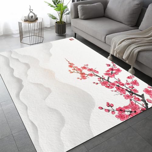 Japan Teppich Schlafzimmer rutschfeste FußMatte Tuschemalerei Kirschblüten Kinderteppich Dekoration Carpets Teenager Kurzflor Flanell Teppiche Home Spielteppiche für Wohnzimmer 60x90 cm von DILANI