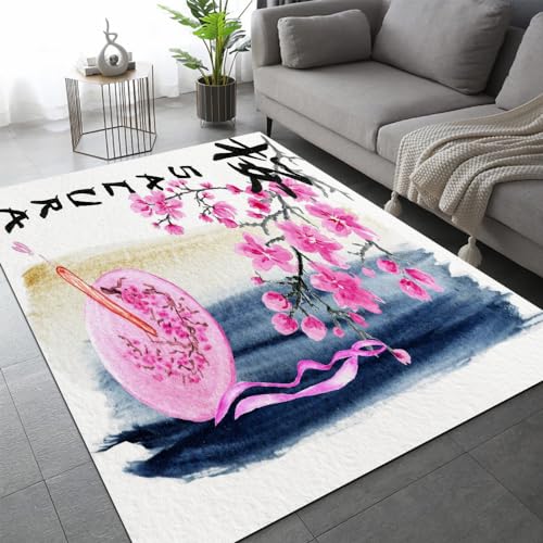 Japanische Kirschblüten Teppich Schlafzimmer rutschfeste FußMatte Pinke Blume Kinderteppich Dekoration Carpets Teenager Kurzflor Flanell Teppiche Home Spielteppiche für Wohnzimmer 80x120 cm von DILANI