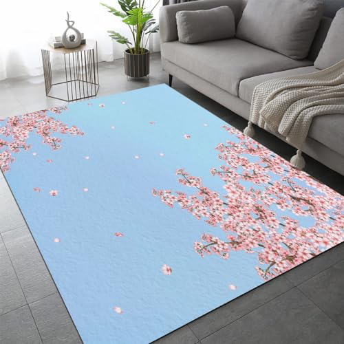 Japanische Kirschblüten Teppich Schlafzimmer rutschfeste FußMatte Rosa Kinderteppich Dekoration Carpets Teenager Kurzflor Flanell Teppiche Home Spielteppiche für Wohnzimmer 60x90 cm von DILANI