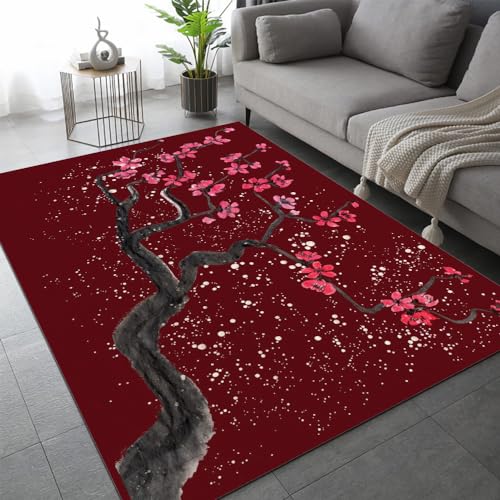 Japanische Kirschblüten Teppich Schlafzimmer rutschfeste FußMatte Rot Kinderteppich Dekoration Carpets Teenager Kurzflor Flanell Teppiche Home Spielteppiche für Wohnzimmer 60x90 cm von DILANI