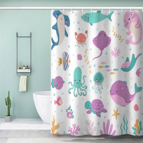 Kawaii Unterwasserwelt 3D Duschvorhang Anti Schimmel Wasserlebewesen 120x180 Wasserdicht Waschbar Polyester Stoff Shower Curtain mit 12 Duschvorhangringe für Badewanne Dusche Badezimmer Badvorhang von DILANI