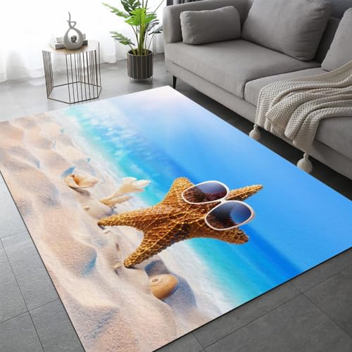 Küstenstrand Teppich Schlafzimmer rutschfeste FußMatte Landschaft Seestern Kinderteppich Dekoration Carpets Teenager Kurzflor Flanell Teppiche Home Spielteppiche für Wohnzimmer 60x90 cm von DILANI