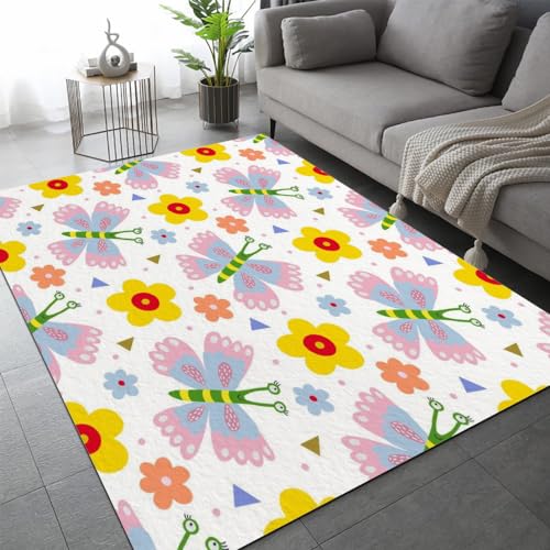 Schmetterling Süß Teppich Schlafzimmer rutschfeste FußMatte Cartoon-Tiere Kinderteppich Dekoration Carpets Teenager Kurzflor Flanell Teppiche Home Spielteppiche für Wohnzimmer 60x90 cm von DILANI