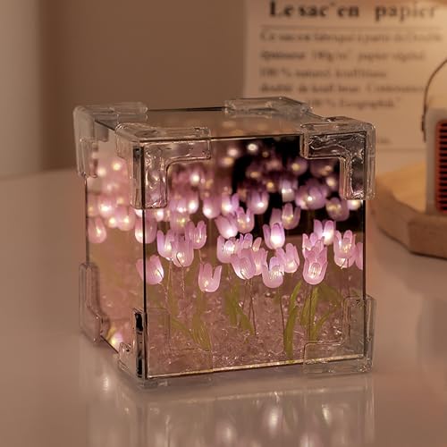 DINOWIN Würfel Tulpenspiegel Nachtlicht Fertig DIY 2-in-1 Tulpen Lampe Spiegel Blumen Nachtlicht für Schlafzimmer Dekorative (Lila, Würfel) von DINOWIN