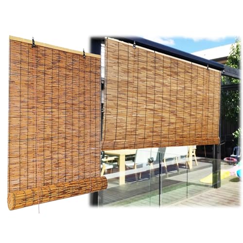 Bambusrollo Outdoor Vorhang Wetterfest, Bambus Sichtschutzrollo Ohne Bohren 60cm 80cm 100cm 120cm Breit Sonnenschutz Verdunklungsrollo für Balkon Terrasse Veranda Pergola von DISPRA