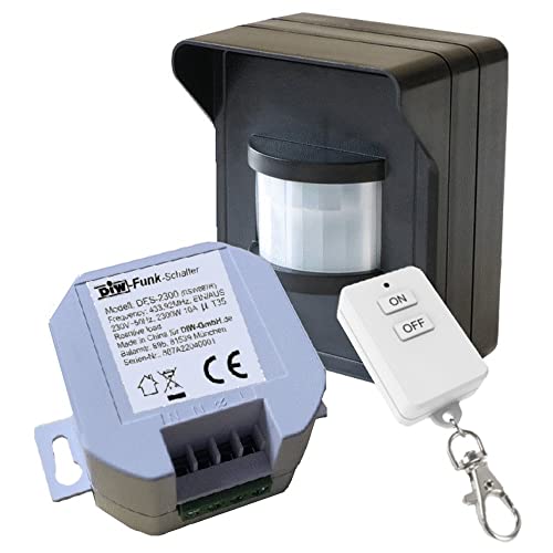 PD-546 DIW-FUNK Set Bewegungsmelder IP44 mit Funk-Einbau Empfänger 230V Funkschalter + Funk-Keysender Lichtschalter von DIW-Funk