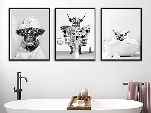 DLKAJFK Hochlandkuh Elefant Badezimmer Poster，Tier Schwarz Weiß Wand Kunst Drucke,Leinwand Bilder für Nordisches Badezimmer Wohnkultur Deko, Kein Rahmen (20x30cm*3) von DLKAJFK