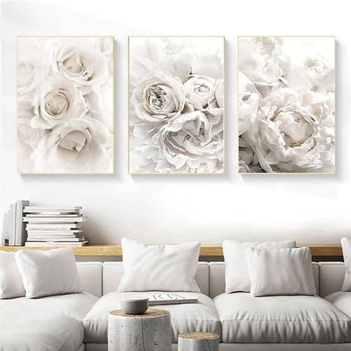 DLKAJFK Moderne Wandmalerei Plakat Set, Natürliche Landschaft Strand, Schilfblätter, Weiße Rosen, Leinwanddruck, Hintergrund Wanddekoration Plakat Set, Rahmenlos (Weiße Blüten,3Pcs-30x40cm) von DLKAJFK