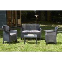 Outdoor-Lounge-Set Dlinett, Gartengarnitur mit 2 Sesseln, 1 Sofa und 1 Couchtisch, Sitzecke in Rattan-Optik mit Kissen, 100 % Made in Italy, von DMORA