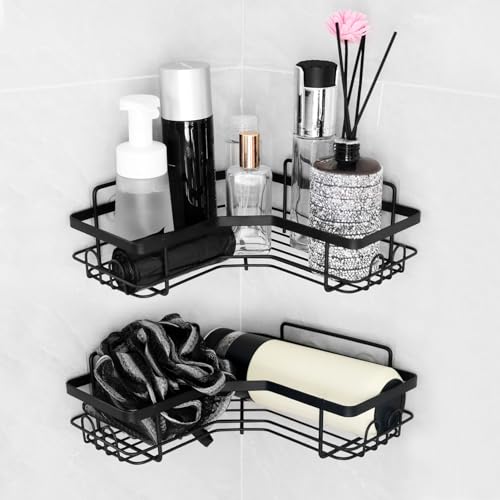 DNDGDLUA Duschablage Ohne Bohren Ecke, Badezimmer Duschablage, Dauerhaft Edelstahl Badregal Ohne Bohren, Beweglich Bathroom Organizer Regal Badregal für Shampoo und Duschgel,Badezimmer Zubehör Schwarz von DNDGDLUA