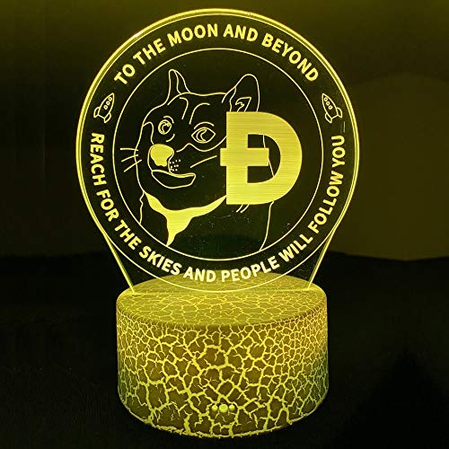 Dogecoin 3D-LED-Nachtlicht, Bitcoin, Crypto, DOGE, Mond, gebrochene Basis, 7 Farben, USB-Kabel, Akku, Touch-Schalter, ideal für Geschenke, Weihnachten, Altare (Dogecoin) von DOGE