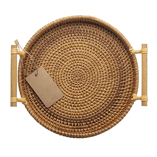 Brotkorb Serviertablett Rattan mit Griffen Korbtablett Korb Tabletts aus Weidengeflech Rund (28cm Durchmesser) von DOKOT