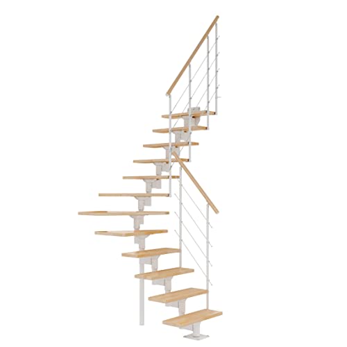 DOLLE Mittelholmtreppe - 11 Stufen - Geschosshöhe 228 – 300 cm - ¼-gewendelt - Stufen Buche, lackiert - Unterkonstruktion: Weiß (RAL 9016) - volle Stufen 70 cm - inkl. Geländer - Nebentreppe von DOLLE
