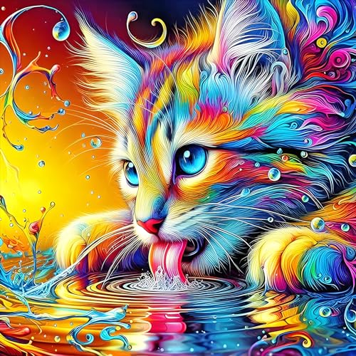 DOMROM Bunte Katze Diamond Painting Kits Erwachsene, 5D Tier Diamant Painting Bilder, Diamond Art Painting Kit Full Drill Gem Digitales Diamant Gemälde Stickerei für Gift Home Wall Decoration 30x30cm von DOMROM