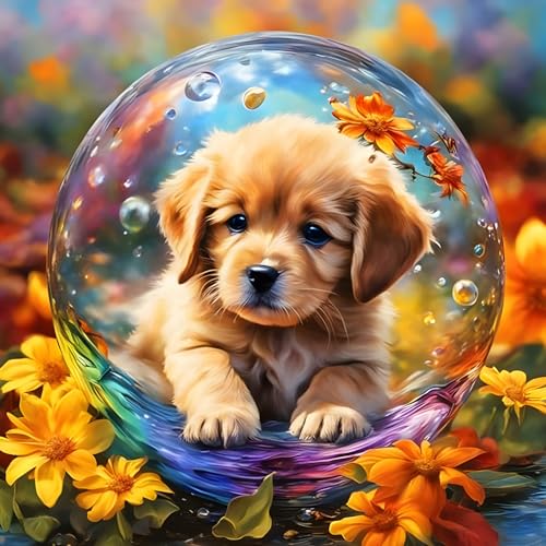 DOMROM Hund Diamond Painting, Blumen Diamant Painting Bilder Erwachsene Kinder, Tier Diamant Malerei Kits DIY 5D Diamant Art Painting Strass Stickerei Malerei Painting Set für Home Décor 30x30cm von DOMROM