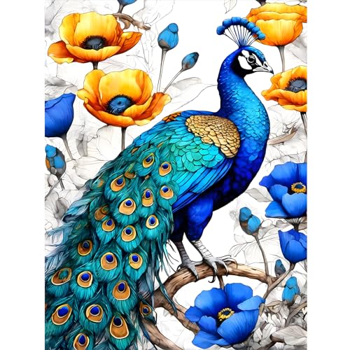 DOMROM Pfau Diamond Painting Kits Erwachsene, 5D Blumen Diamant Painting Bilder, DIY Diamond Art Painting Kit Full Drill Gem Digitales Diamant Gemälde Stickerei für Gift Home Wall Decoration 30x40cm von DOMROM