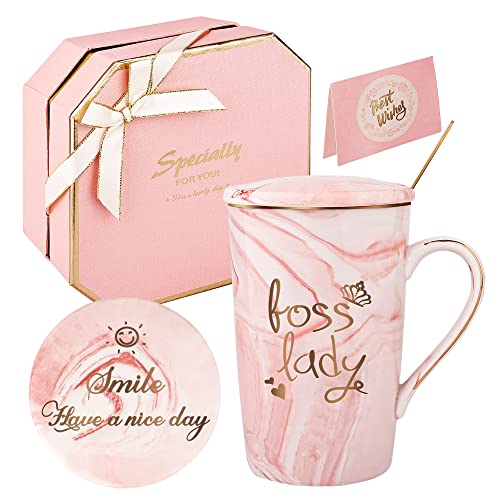 Boss Lady Geschenke für Frauen Boss Lady Geschenke Tasse Boss weiblich Geburtstag Mütter Tag Geschenke Kaffeebecher 420ML Marmor-Keramik-Geschenk-Set (Rosa-Boss Dame) von DONGSHANGIFT