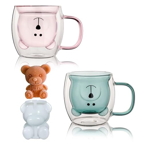 Cute Bear Mugs Set mit 2 niedlichen Bären-Teetassen, 250ml doppelwandiges Glas, Milchkaffee, Bärenbecher mit Griff, niedliche Geburtstagsgeschenke für Frauen und Männer (2er-Pack, Rosa+See Grün） von DONGSHANGIFT
