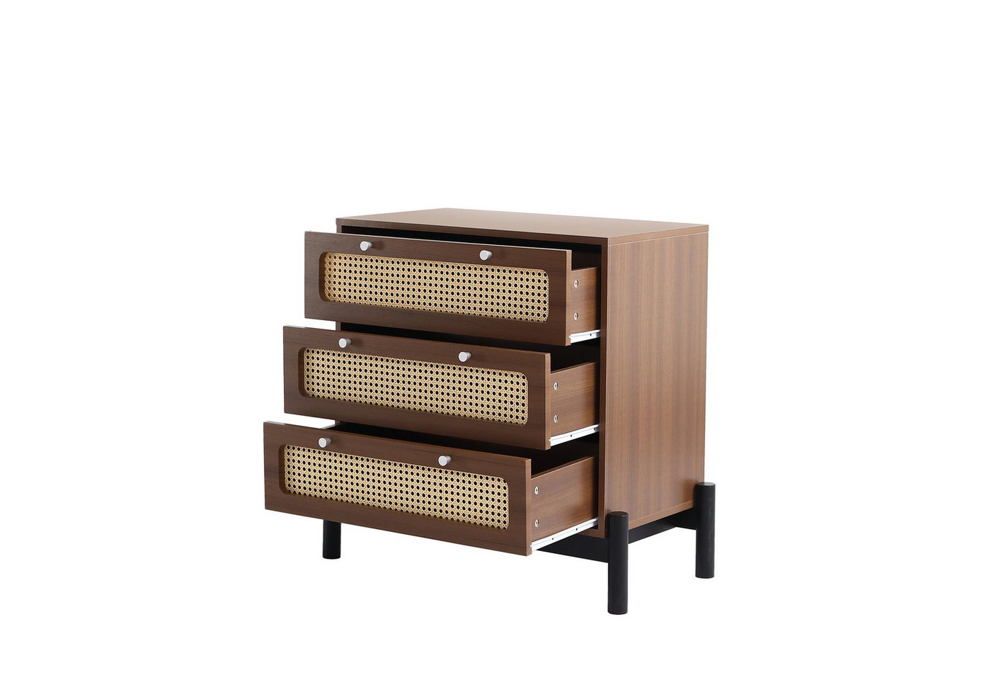 DOPWii Nachtkonsole Kommode,Nachttisch,Schrank mit 3 Schubladen,Rattan-Schubladenplatte, schwarzen Beinrahmen,Nachtkonsole,Nachtkommode,Kiefer,MDF,PVC-Rattan von DOPWii