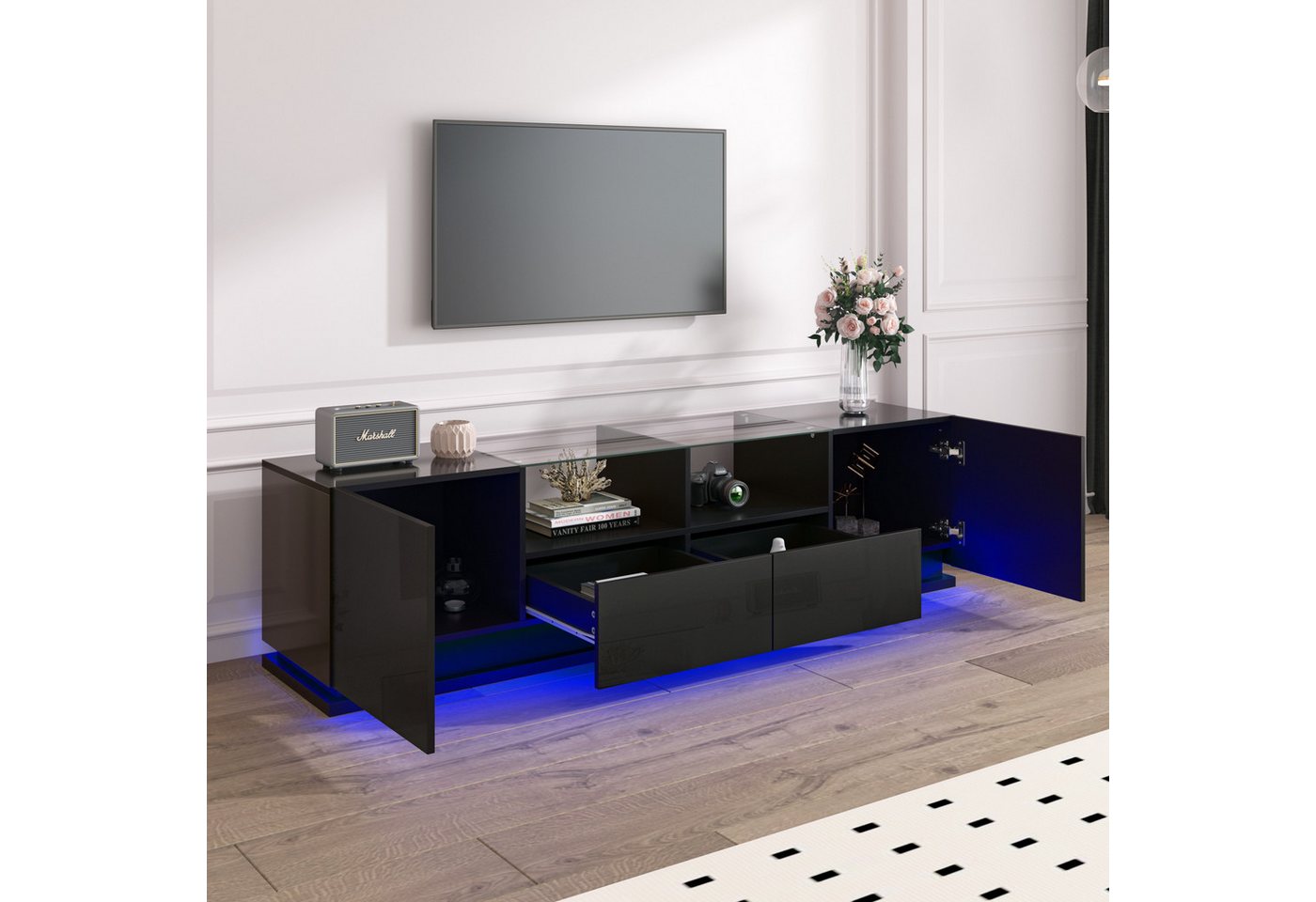 DOPWii TV-Schrank Hochglänzender TV-Schrank mit Glasböden,zwei Schubladen und zwei Türen Lowboard mit mehrfarbigen LED-Lichteffekten von DOPWii