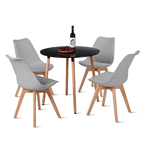 DORAFAIR Esstisch und Stühle, 1 Tisch + 4 Stühle, nordisches Design, runder schwarzer Tisch und 4 graue Stühle von DORAFAIR