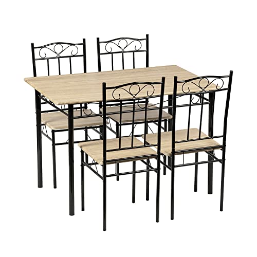 DORAFAIR Esszimmer-Set mit Esstisch und 4 Stühlen, Esstisch und Stuhl aus Buchenholz Maserung, Schwarze Metallbeine von DORAFAIR