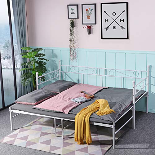 DORAFAIR Tagesbett Bettsofa Schlafsofa für Kinderzimmer Gästezimmer,Metallbett mit Unterbett Ausziehbett, Beige von DORAFAIR