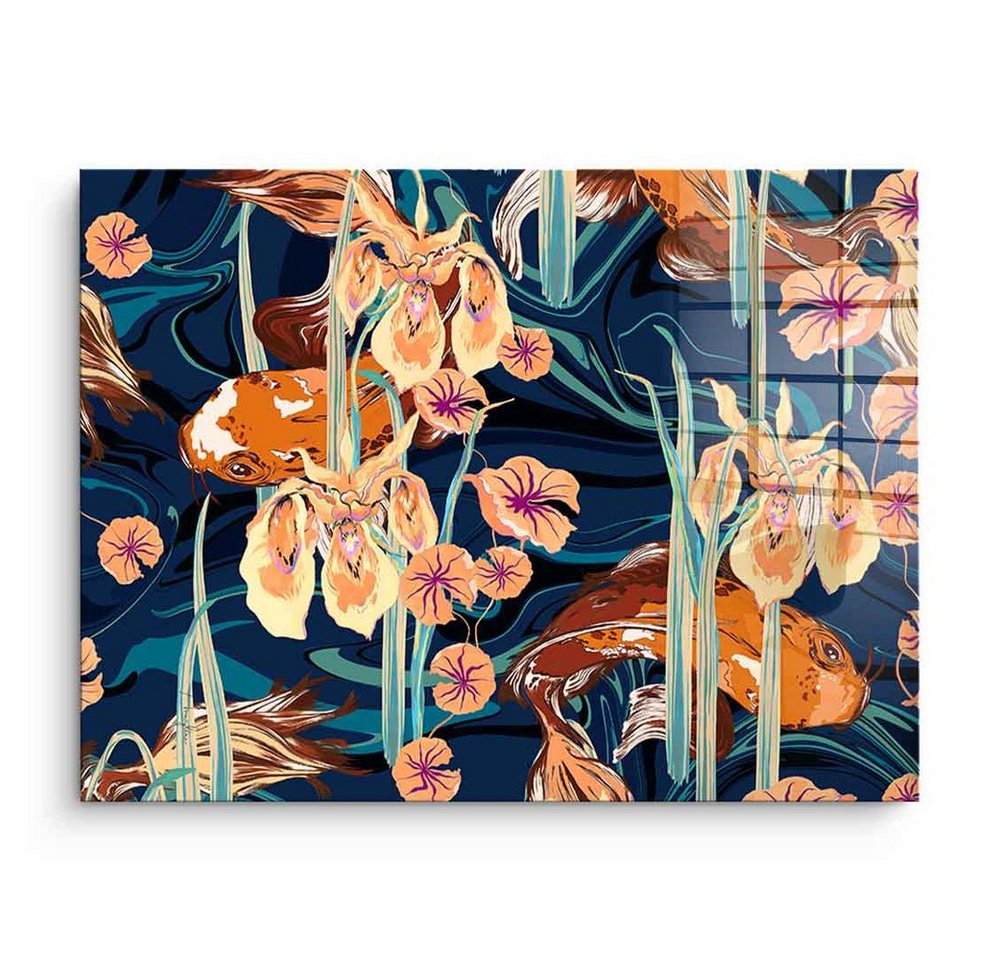 DOTCOMCANVAS® Acrylglasbild Koi Flower Spin - Acrylglas, Acrylglasbild Koi Fische Blumen orange beige blau florales Wandbild von DOTCOMCANVAS®
