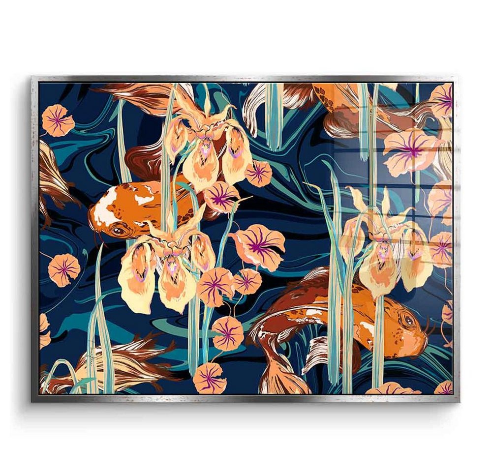 DOTCOMCANVAS® Acrylglasbild Koi Flower Spin - Acrylglas, Acrylglasbild Koi Fische Blumen orange beige blau florales Wandbild von DOTCOMCANVAS®