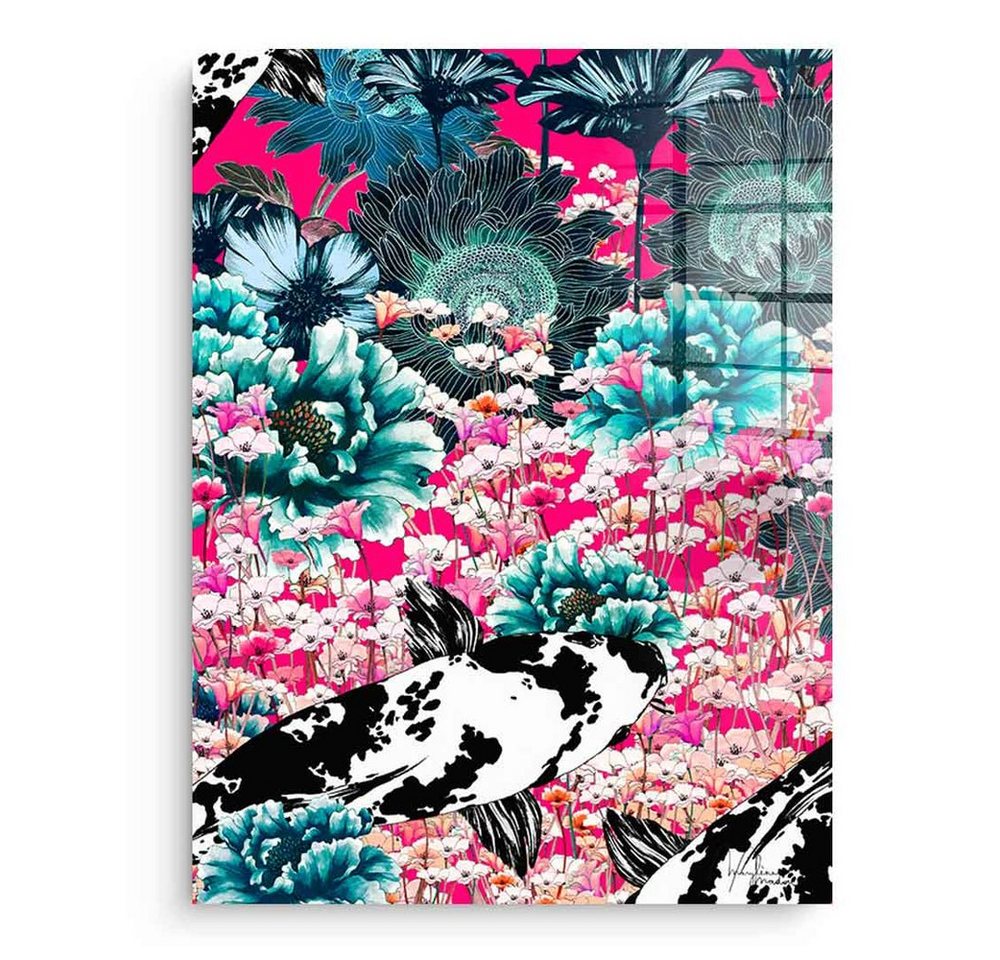 DOTCOMCANVAS® Acrylglasbild Koi Japan Sun - Acrylglas, Acrylglasbild Koi Japan Sun Koi Fische Blumen grün rosa pink Wandbild von DOTCOMCANVAS®