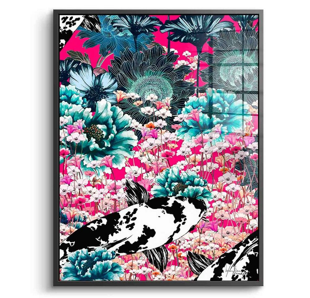 DOTCOMCANVAS® Acrylglasbild Koi Japan Sun - Acrylglas, Acrylglasbild Koi Japan Sun Koi Fische Blumen grün rosa pink Wandbild von DOTCOMCANVAS®