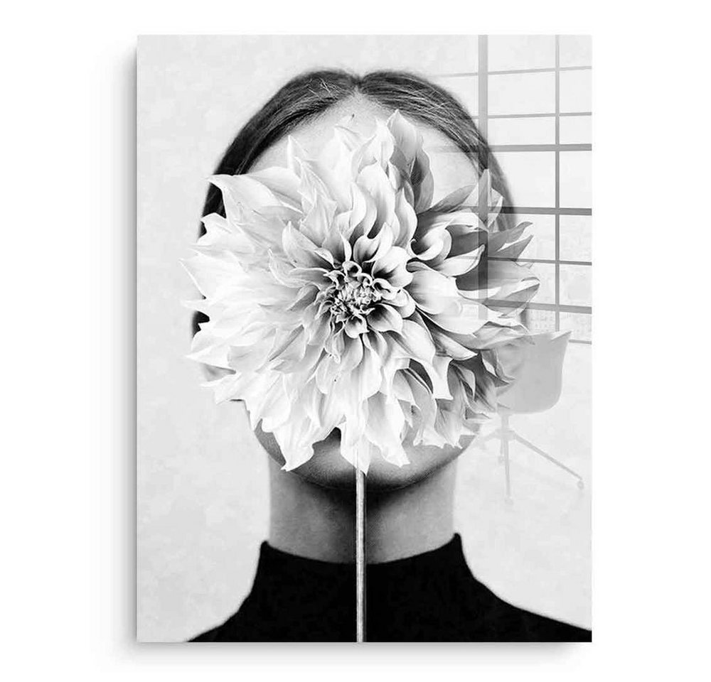 DOTCOMCANVAS® Acrylglasbild White flower - Acrylglas, Acrylglasbild grau schwarz weiß Blume Frau Mensch Portrait Wandbild von DOTCOMCANVAS®