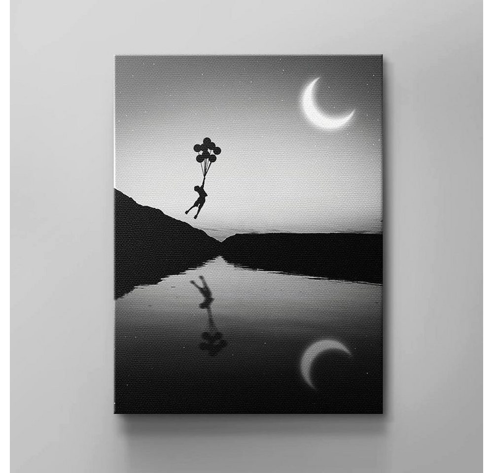 DOTCOMCANVAS® Leinwandbild Ballon Kid, Wandbild Natur Fluss Mond fliegen Kind Junge Ballon schwarz grau wei von DOTCOMCANVAS®