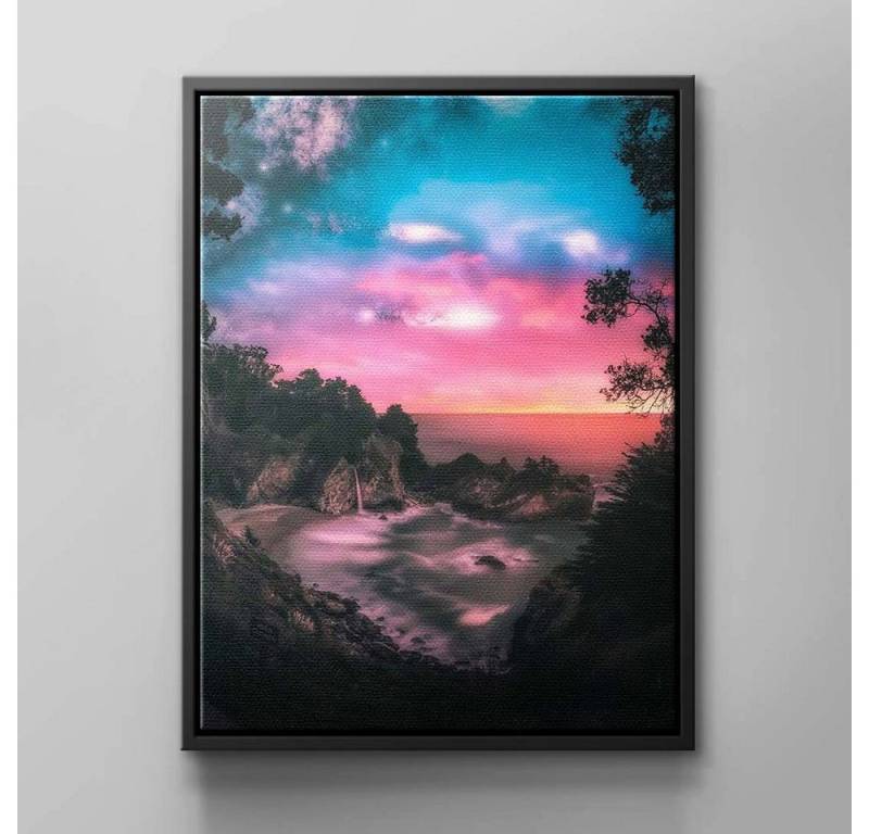 DOTCOMCANVAS® Leinwandbild Beautiful Bay, Wandbild Natur Meer Himmel Berg Baum Rosa Blau Schwarz Grün Beautifu von DOTCOMCANVAS®