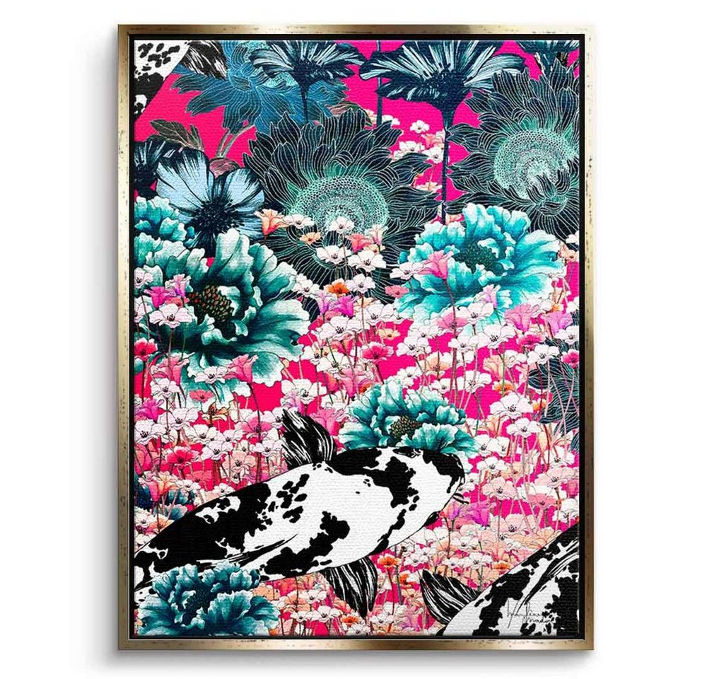 DOTCOMCANVAS® Leinwandbild Koi Japan Sun, Leinwandbild Koi Japan Sun Koi Fische Blumen grün rosa pink Wandbild von DOTCOMCANVAS®