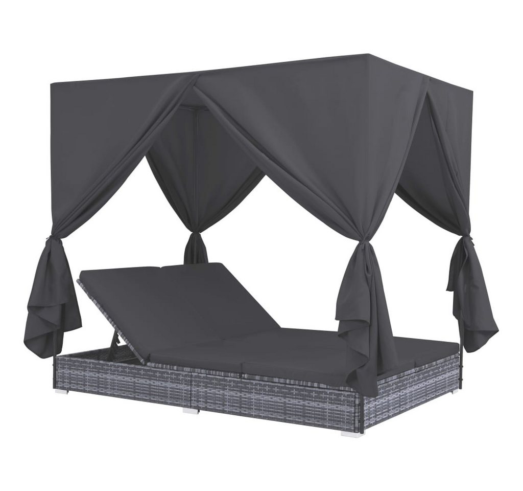 DOTMALL Loungebett Outdoor-Lounge-Bett mit Vorhängen Poly Rattan Grau von DOTMALL