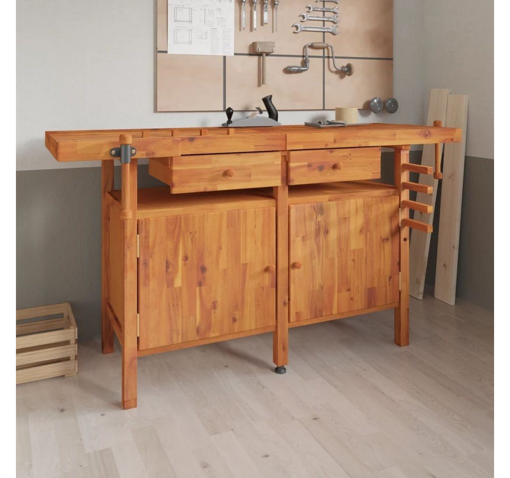 DOTMALL Werkbank Akazienholz Werkbank mit Schubladen Schraubstöcken 162x62x83 cm von DOTMALL