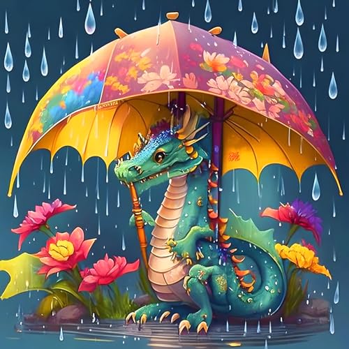 DPHERO Cartoon Diamant Painting Bilder für Erwachsene Anfänger,5D Baby-Drache Diamond Painting Set,DIY Runde Steine Regenschirm Diamant Kunst Kits, Diamant Painting für Zuhause Dekor 30x30 cm von DPHERO