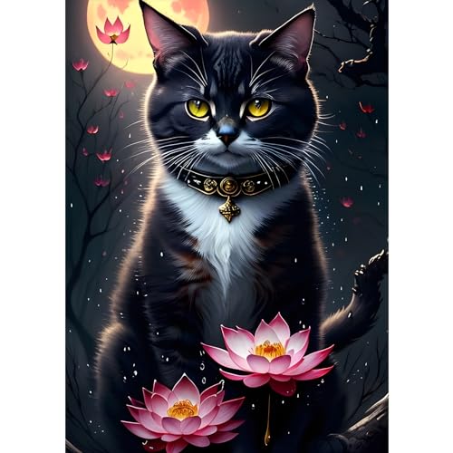 DPHERO Katze Diamant Painting Bilder für Erwachsene Kinder,5D Schwarze Katze Diamond Painting Set,DIY Strass Bilder Blumen Diamant Kunst Kits,Runde Steine Diamant Painting für Zuhause Dekor 30x40 cm von DPHERO