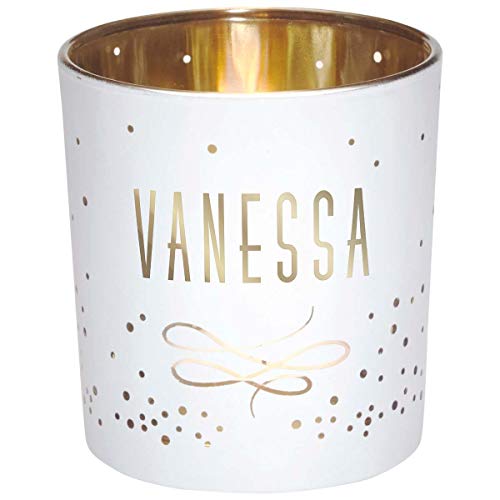 Draeger Paris – Teelichthalter Vornamen Vanessa aus Glas weiß und Gold, H8 x L 7,5 cm von DRAEGER