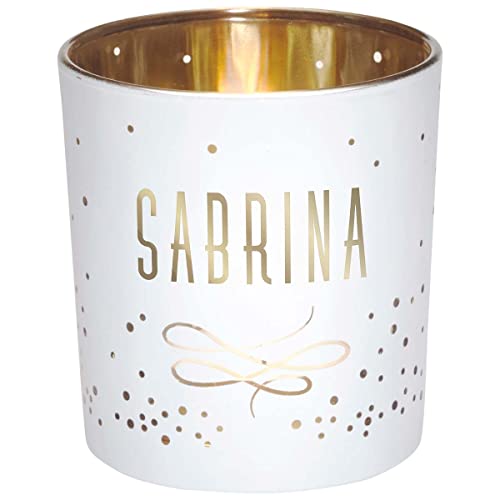 Draeger Paris – Teelichthalter mit Vornamen Sabrina, Glas weiß und Gold, H8 x L 7,5 cm von DRAEGER